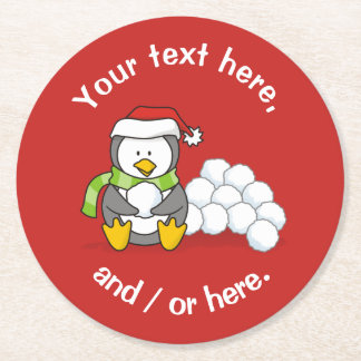 Christmas penguin sitting with snow balls round paper coaster