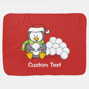 Christmas penguin sitting with snow balls stroller blanket
