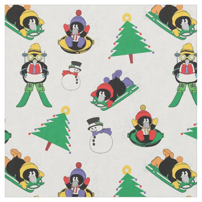 Christmas penguin skiing fabric (Close Up)