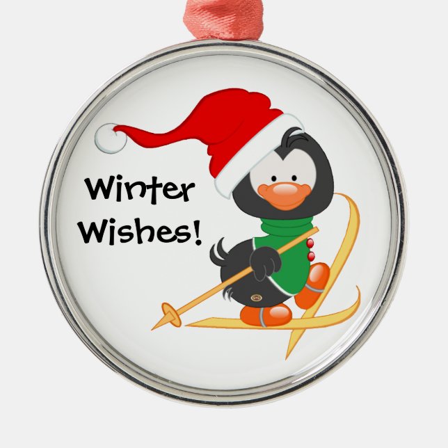 Christmas Penguin Skiing Metal Ornament (Front)