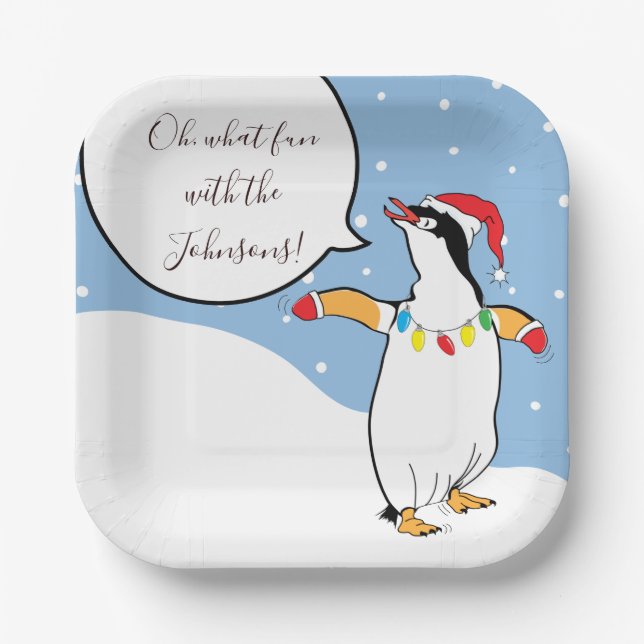 Christmas Penguin Skiing Paper Plates (Front)