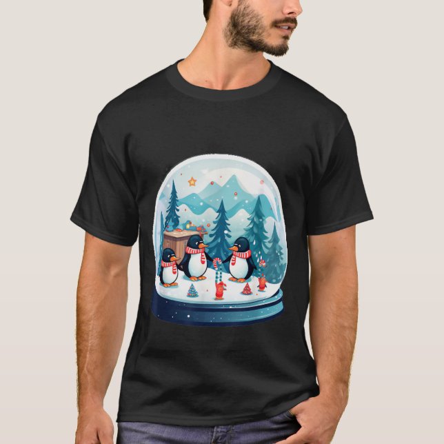Christmas Penguin Snow Globe Scene Family Holiday  T-Shirt (Front)