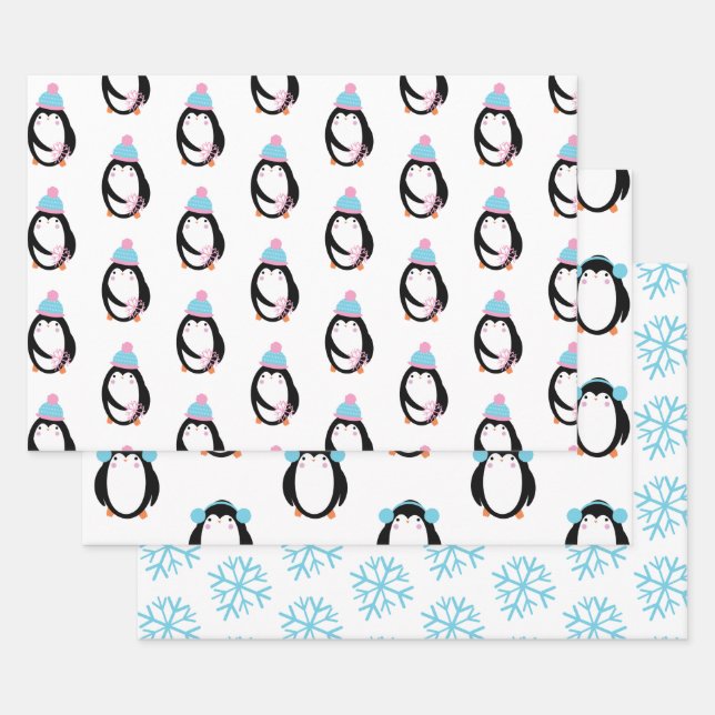 Christmas Penguin Snowflakes Whimsical Wrapping Paper Sheets (Set)