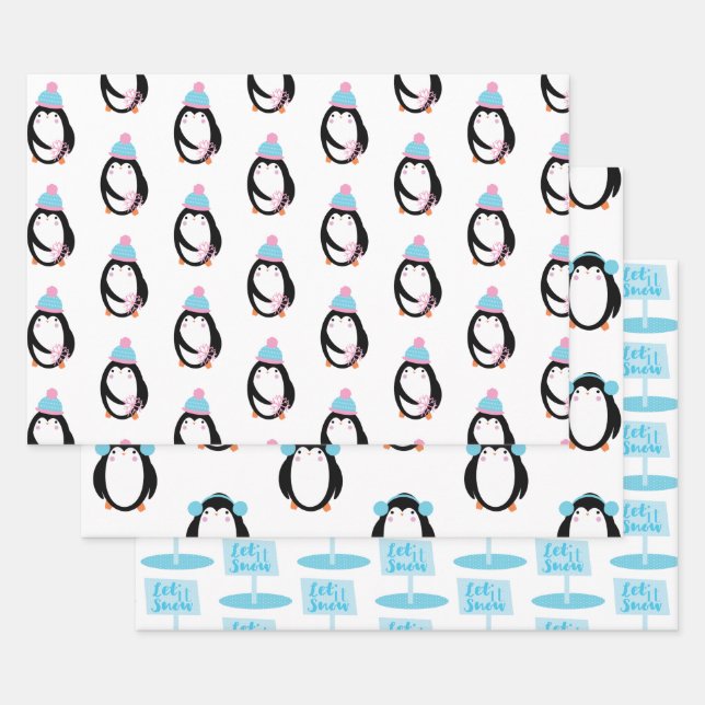 Christmas Penguin Snowflakes Whimsical Wrapping Paper Sheets (Set)