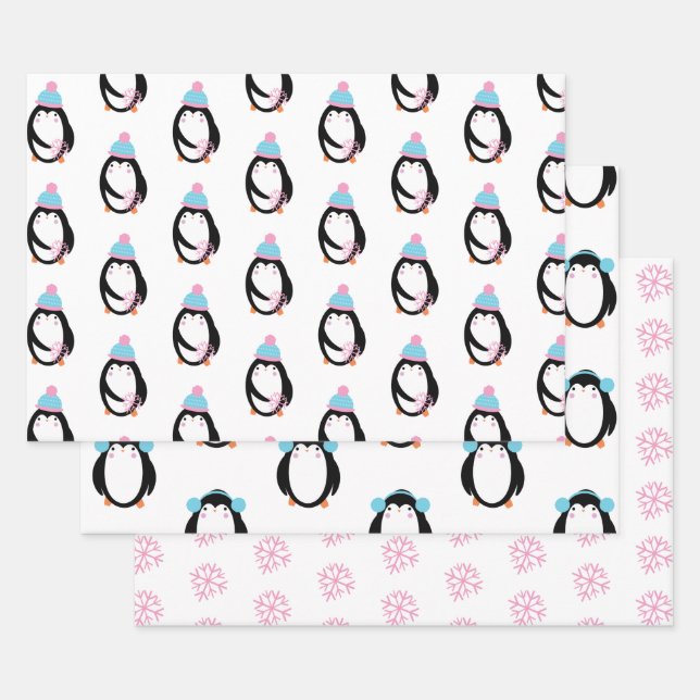 Christmas Penguin Snowflakes Whimsical Wrapping Paper Sheets (Set)
