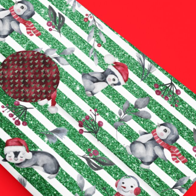 Christmas Penguin Snowman Green Glitter Stripes Wrapping Paper (Creator Uploaded)
