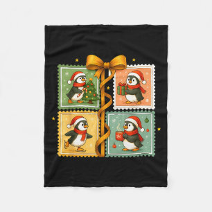Christmas Penguin Stamp Collage Fleece Blanket