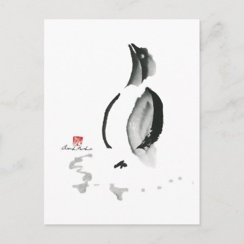 Christmas Penguin Sumi_e Holiday Postcard