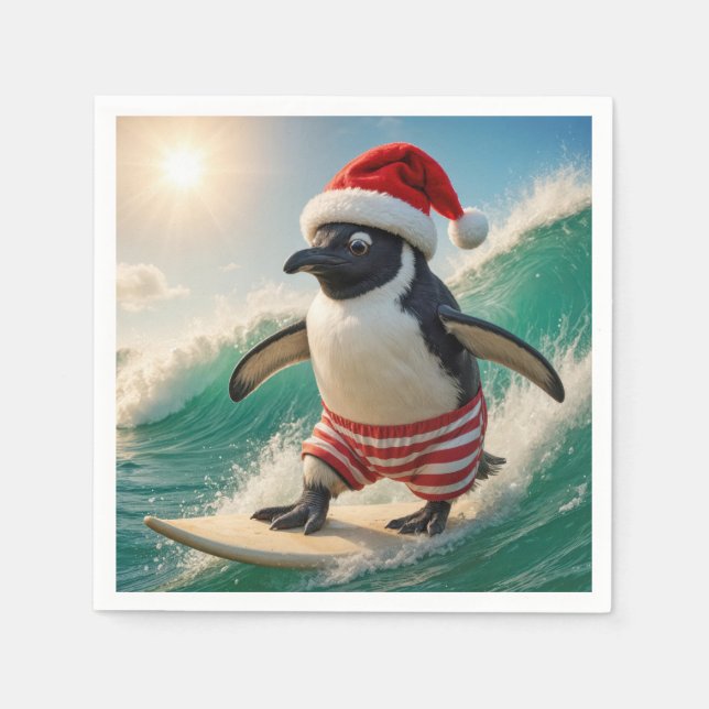 Christmas Penguin Surfing On an Ocean Wave Napkins (Front)