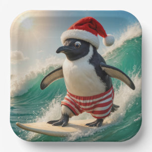 Christmas Penguin Surfing On an Ocean Wave Paper Plates
