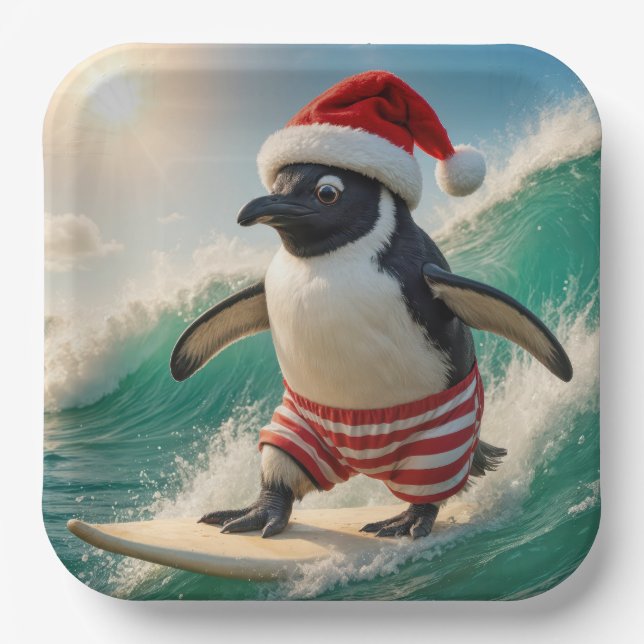 Christmas Penguin Surfing On an Ocean Wave Paper Plates (Front)