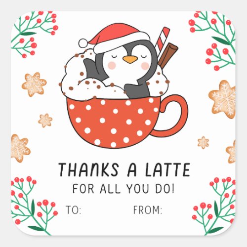 Christmas Penguin Thanks a Latte Square Sticker