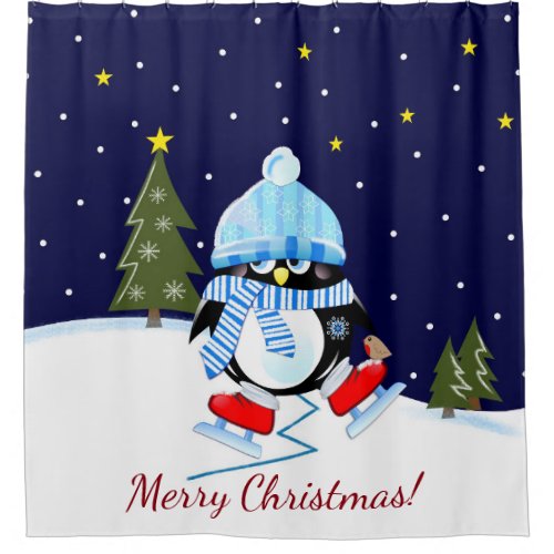 Christmas penguin trying to skate  custom text shower curtain