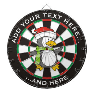 Christmas penguin walking on snow dartboard with darts