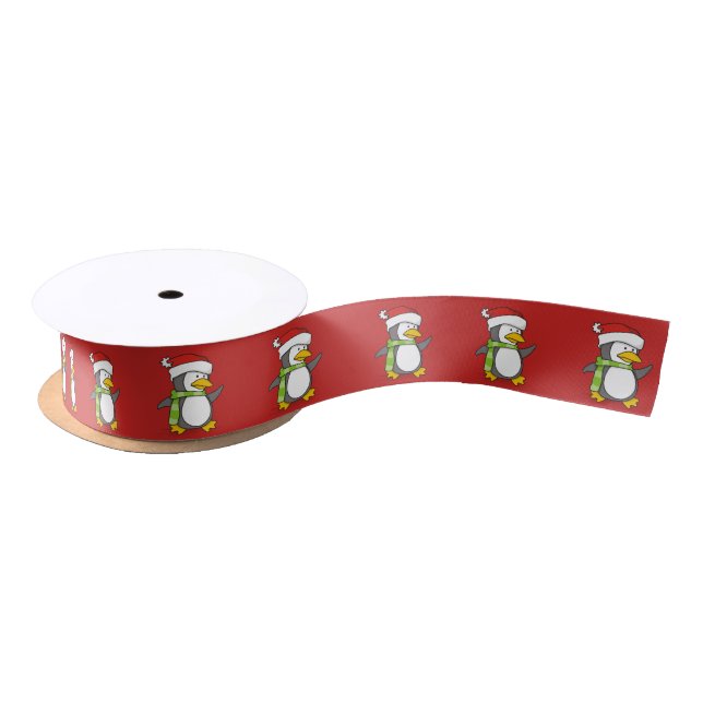 Christmas penguin walking on snow satin ribbon (Spool)