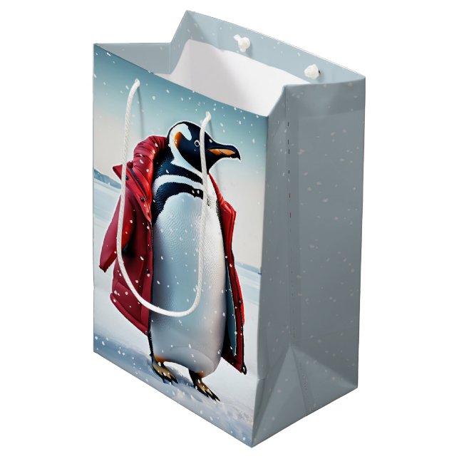 Christmas Penguin Wearing a Red Coat Medium Gift Bag (Front Angled)
