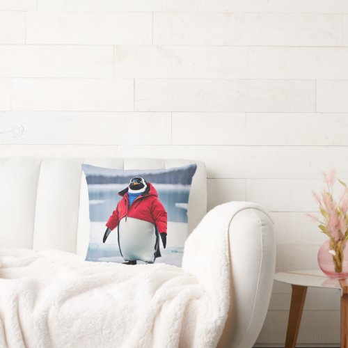 Christmas Penguin Wearing a Red Coat Throw Pillow