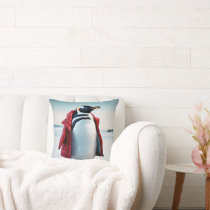 Christmas Penguin Wearing a Red Coat Throw Pillow