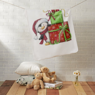 Christmas Penguin with Gifts - Festive Fun Decor Baby Blanket