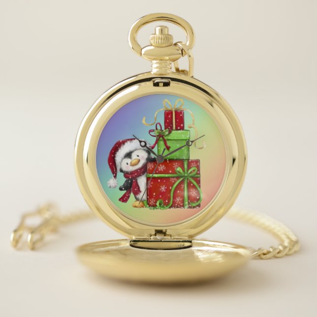 Christmas Penguin with Gifts - Festive Fun Decor Pocket Watch (Inside)