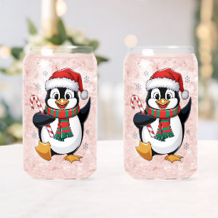 Christmas Penguin with Hat and Candy Cane Can Glass