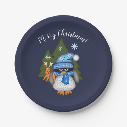 Christmas penguin with his Rudolph toy custom text Paper Plates