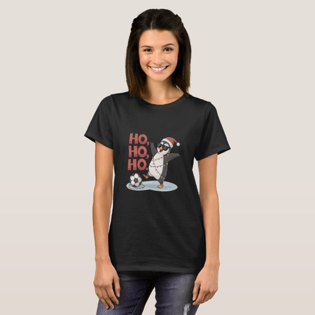 Christmas Penguin with Lights and Santa Hat playin T-Shirt (Front Full)