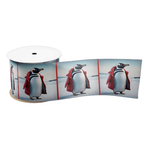 Christmas Penguin With Red Coat Satin Ribbon