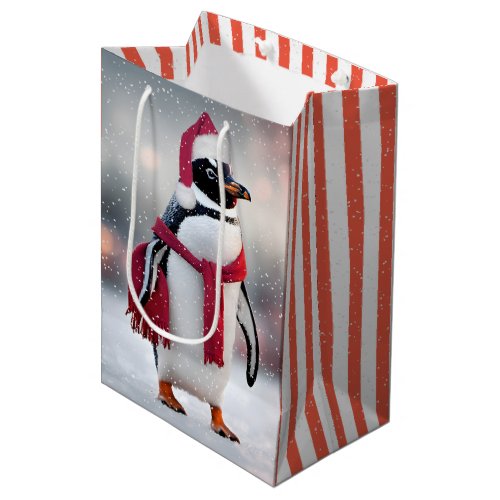 Christmas Penguin With Red Scarf Medium Gift Bag