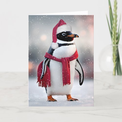 Christmas Penguin With Santa Cap Holiday Card