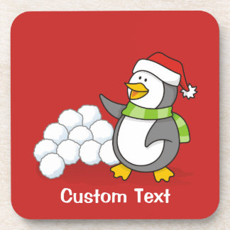 Christmas penguin with snow balls waving beverage coaster