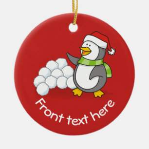 Christmas penguin with snow balls waving ceramic ornament