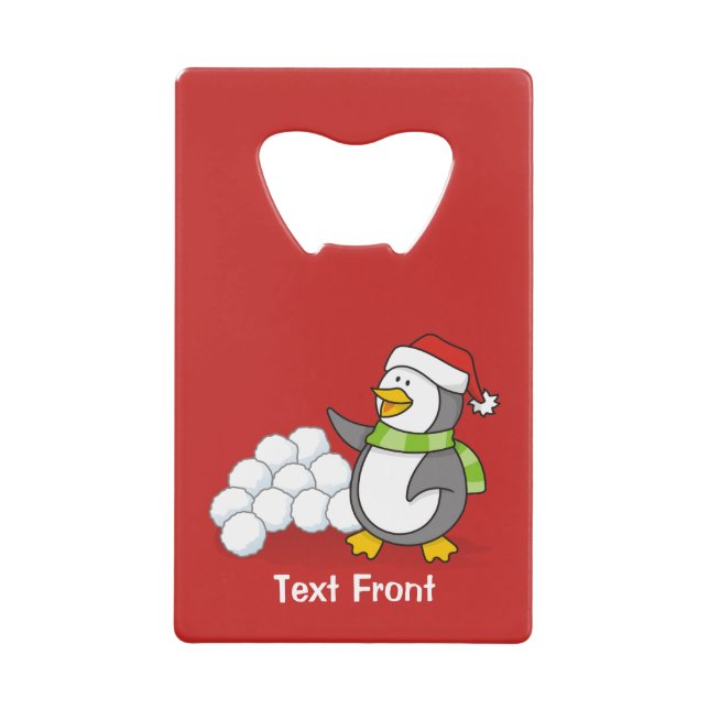 Christmas penguin with snow balls waving credit card bottle opener (Front)