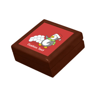 Christmas penguin with snow balls waving gift box