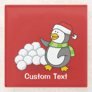 Christmas penguin with snow balls waving glass coaster