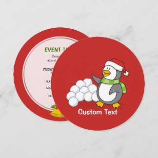 Christmas penguin with snow balls waving invitation