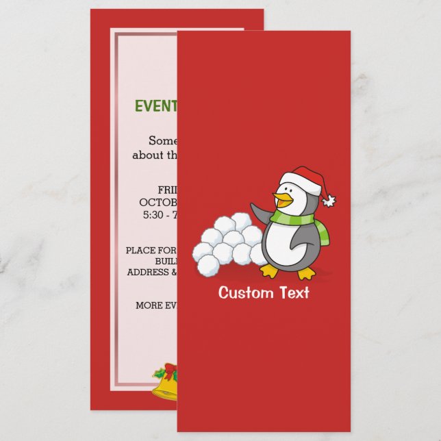 Christmas penguin with snow balls waving invitation (Front/Back)