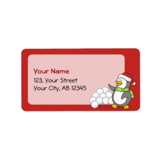 Christmas penguin with snow balls waving label