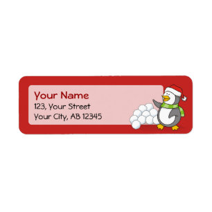 Christmas penguin with snow balls waving label