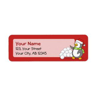 Christmas penguin with snow balls waving label
