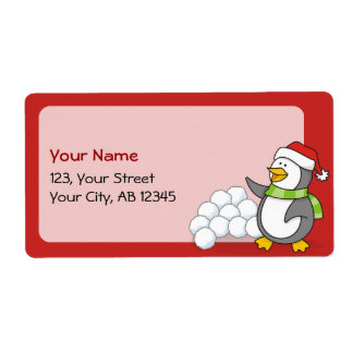 Christmas penguin with snow balls waving label