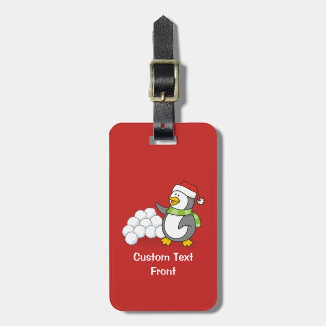 Christmas penguin with snow balls waving luggage tag (Front Vertical)
