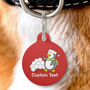 Christmas penguin with snow balls waving pet ID tag