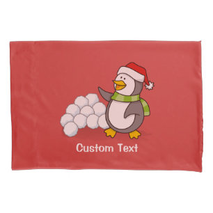 Christmas penguin with snow balls waving pillow case