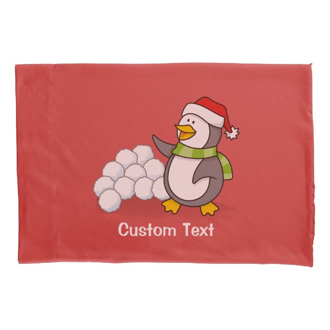 Christmas penguin with snow balls waving pillow case (Front)