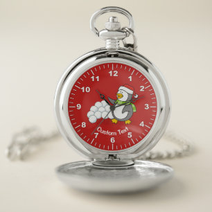 Christmas penguin with snow balls waving pocket watch