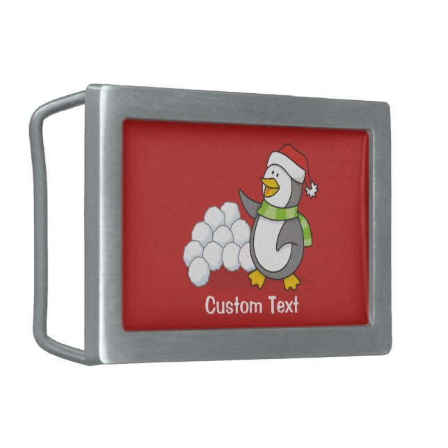 Christmas penguin with snow balls waving rectangular belt buckle (Front Left)