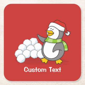 Christmas penguin with snow balls waving square paper coaster