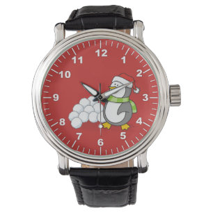 Christmas penguin with snow balls waving watch