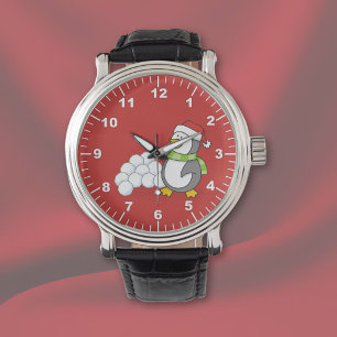 Christmas penguin with snow balls waving watch